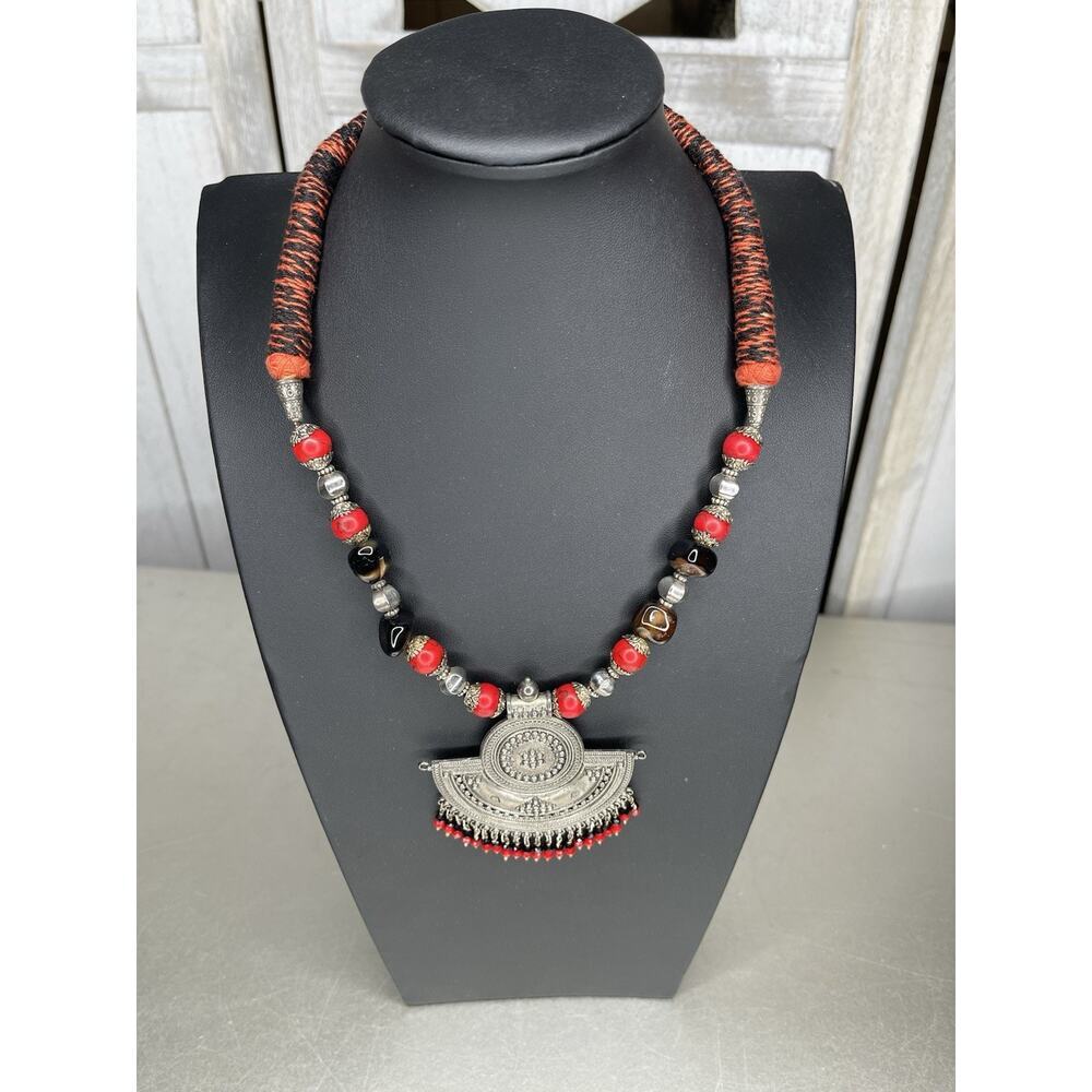 Antique Vintage Rajasthani India Collar Necklace Boho Red Back Woven 79$
